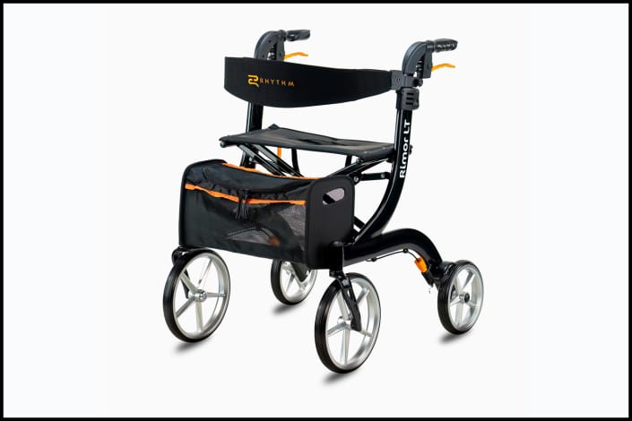 Medical rollator walker photographed on white background